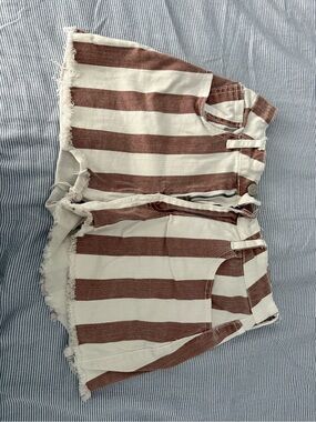 Altar'd State White and Red Striped Frayed-Hem Jean Shorts
